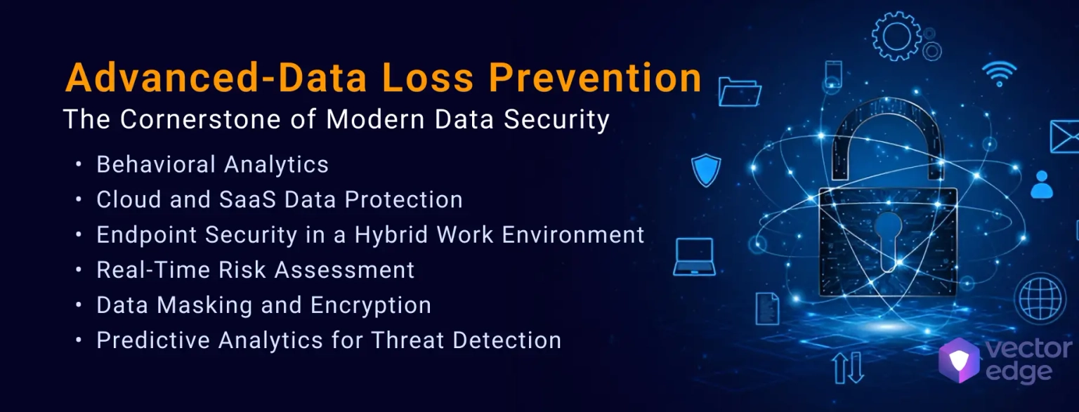 Infographic showcasing the key features of Advanced DLP, including behavioral analytics, cloud and SaaS data protection, endpoint security in hybrid work environments, real-time risk assessment, data masking, encryption, and predictive analytics for threat detection.