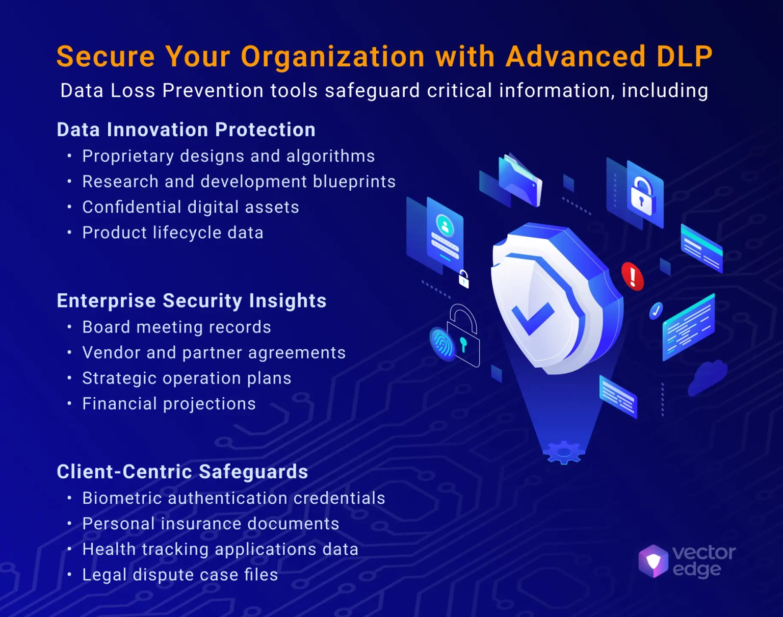 Infographic highlighting how Advanced DLP protects data innovation, enterprise security, and client trust, with examples like proprietary designs, financial projections, and legal case files.